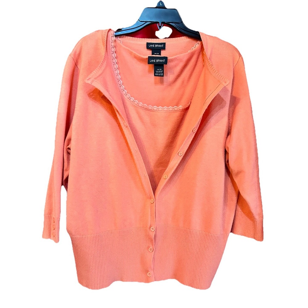 Lane Bryant Size 18/20 Cardigan & 14/16 Lace Trimmed Tank Sweater Set Orange